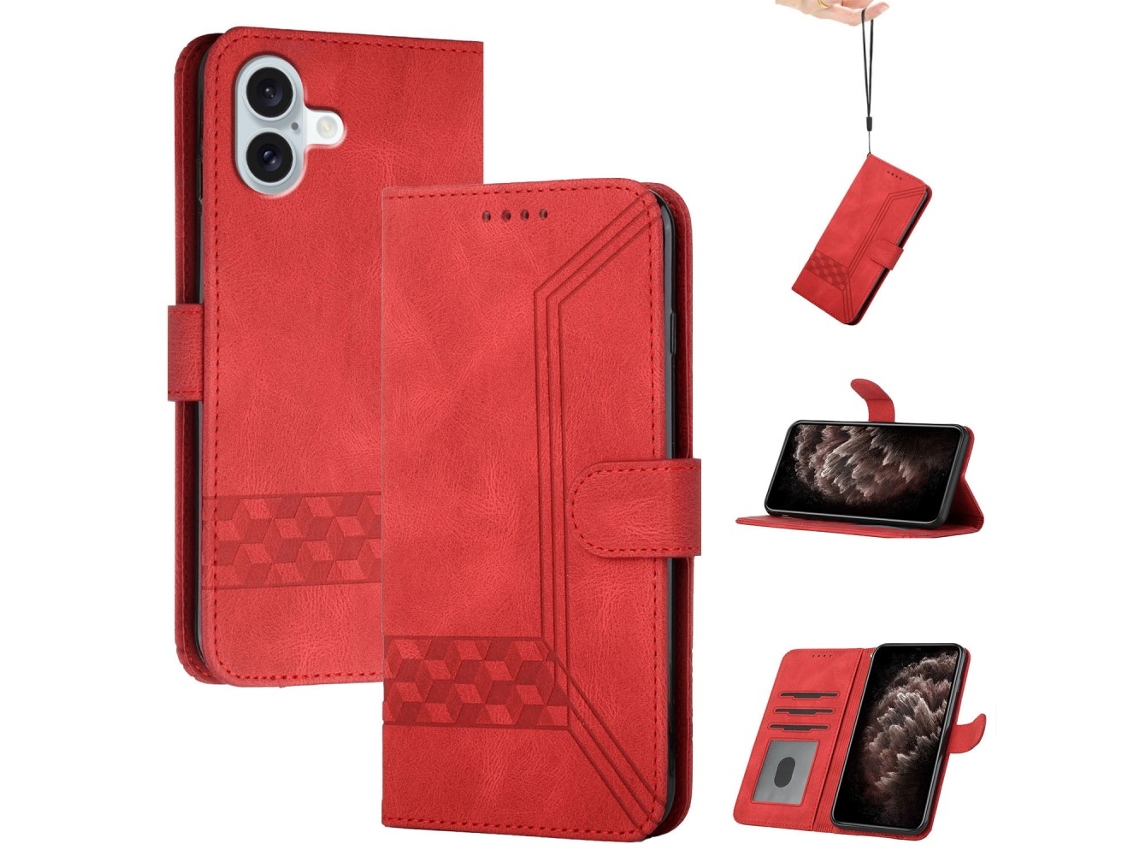 Capa Em Couro Pu Com Suporte Para Apple Iphone 16 - Vermelho