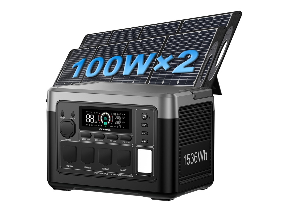 Estação De Energia Portátil Oukitel P1500 Plus 1536wh Lifepo4 + Painel Solar 2x 100w, 1800w (pico 3600w), 4000 Ciclos, Controlo Por App