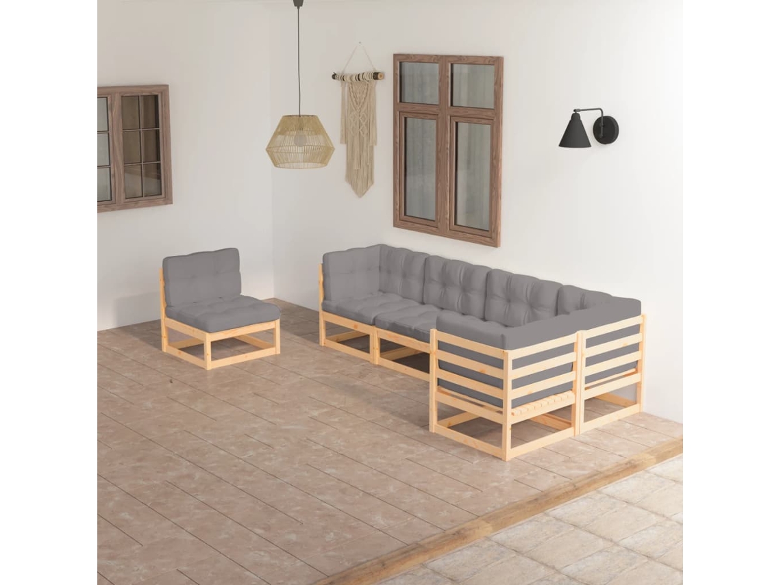 Vidaxl 6 Pcs Conjunto Lounge De Jardim Com Almofadões Pinho Maciço