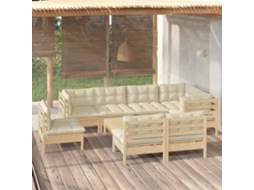Vidaxl 9 Pcs Conjunto Lounge Jardim C/ Almofadões Creme Pinho Maciço