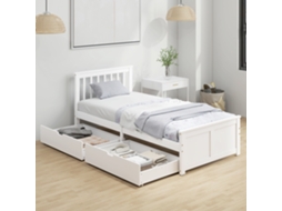 Cama De Solteiro, Estrutura Madeira, Gavetas Sobre Rodas, 90x200 Cm, Branco