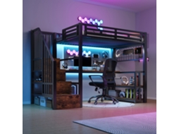 Cama De Altura 90x200cm Aro De Ferro Led Usb Tipo-c Preta Sem Colchão