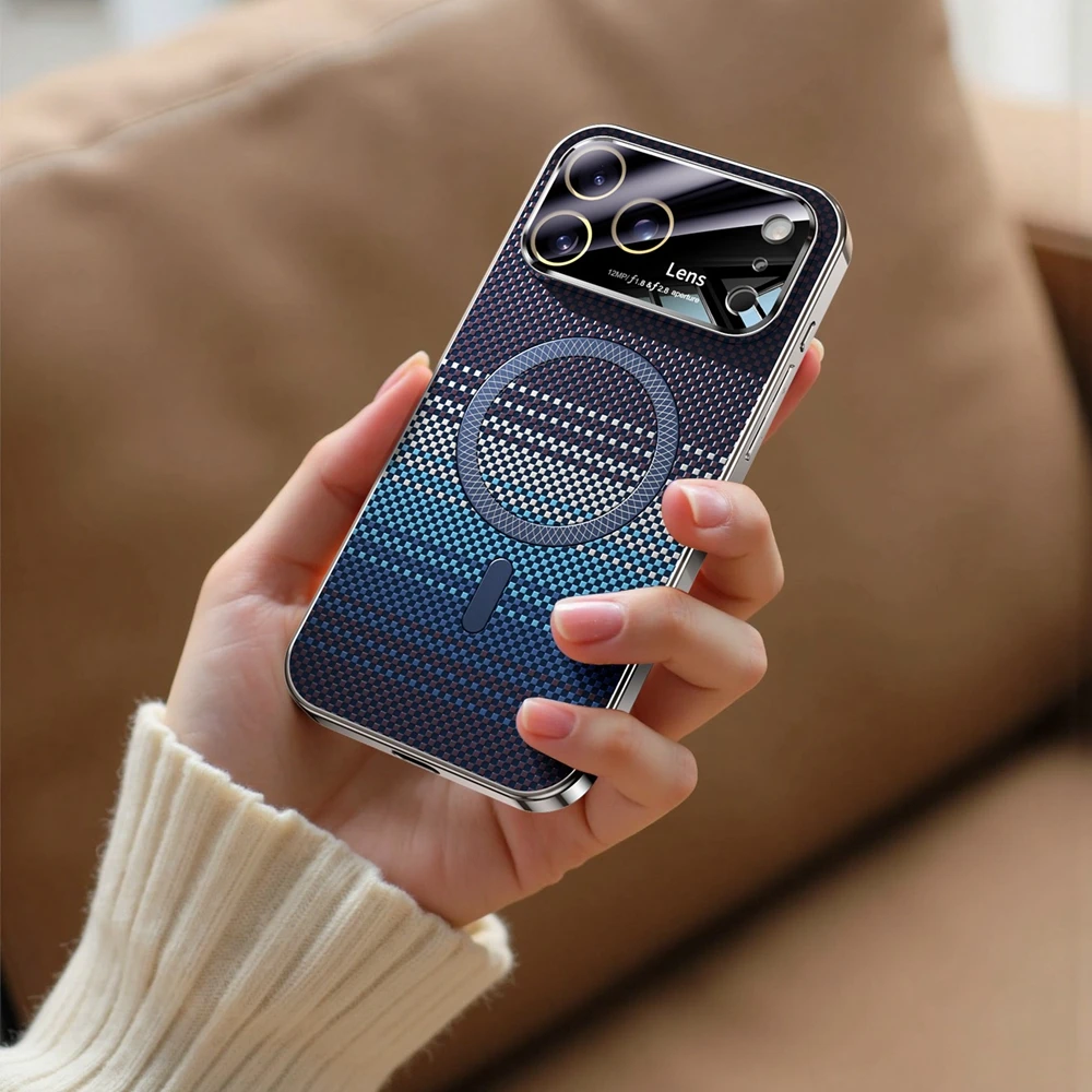 (azul-escuro, Iphone 14 Pro) Capa De Tpu Galvanizado À Prova De Choque Com Textura De Fibra De Carbono E Carregamento Sem Fio Magnético