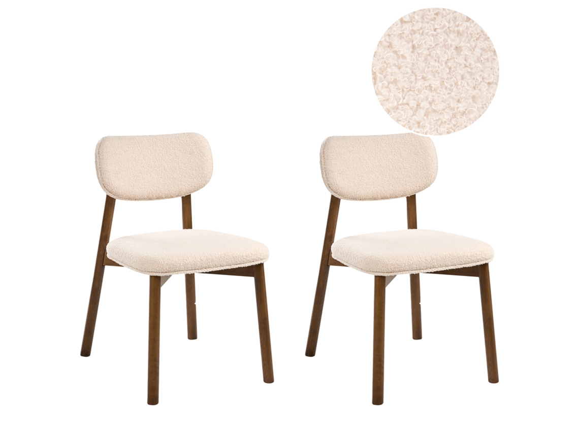 Conjunto De 2 Cadeiras De Refeição Com Assento E Encosto Felpudo Beliani Mills De Bouclé Castanho/creme Claro 50x58x80