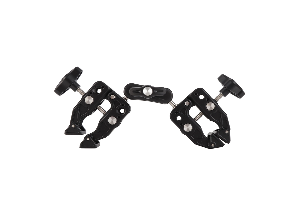 Suporte de câmera com rotação de 360 graus e fixação dupla, com interfaces de 1/4" e 3/8" e sapata fria para fotografia.