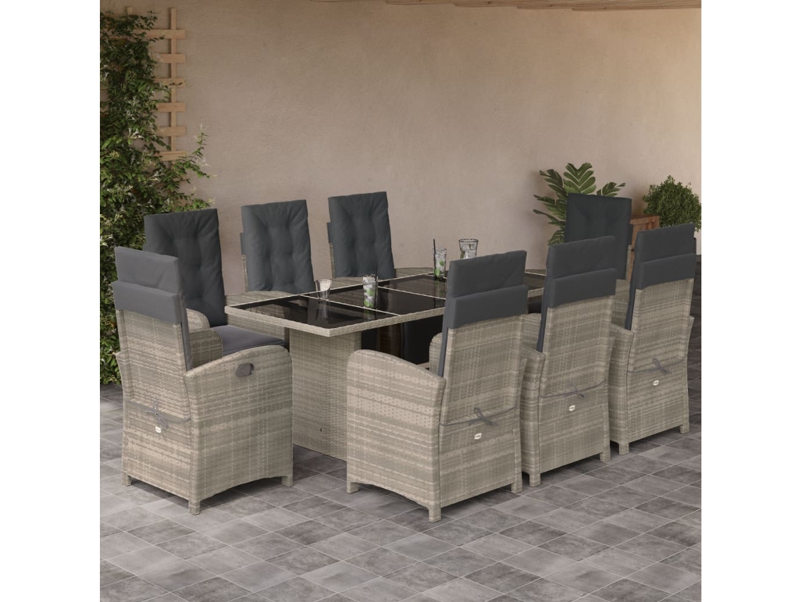 9 Pcs Conjunto De Jantar P/ Jardim C/ Almofadões Cinza Claro Dkd Home Decor