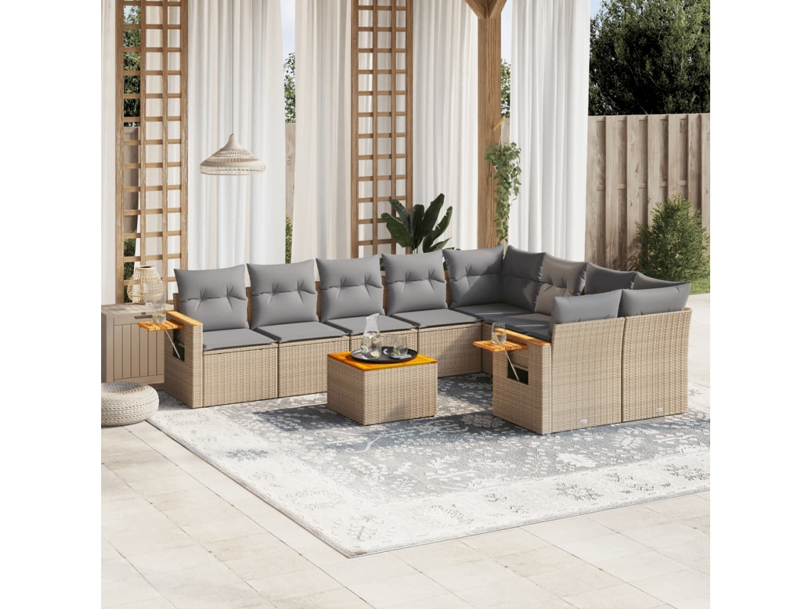 Conjunto de 10 Sofás para Jardim com Almofadas Vime Pe Bege Dkd Home Decor