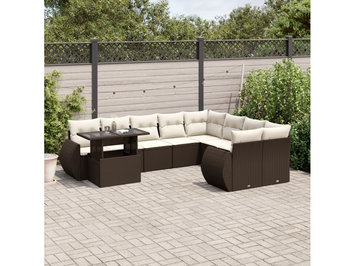 Vidaxl 10 Pcs Conj. Sofás Jardim Com Almofadões Vime Pe Castanho