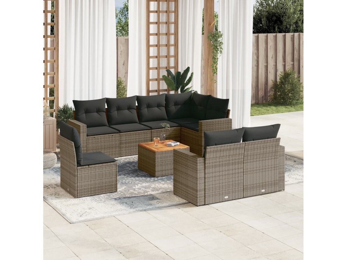 Vidaxl 9 Pcs Conjunto Sofás P/ Jardim Com Almofadões Vime Pe Cinzento