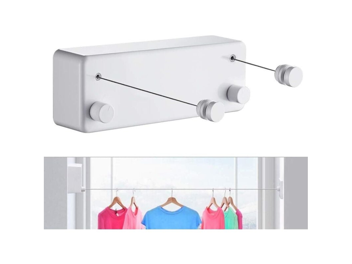 Varal retrátil Slowmoose para uso interno e externo, 2 cabos de aço inoxidável de 4,2 m, suporte de parede, branco (perfuração necessária)