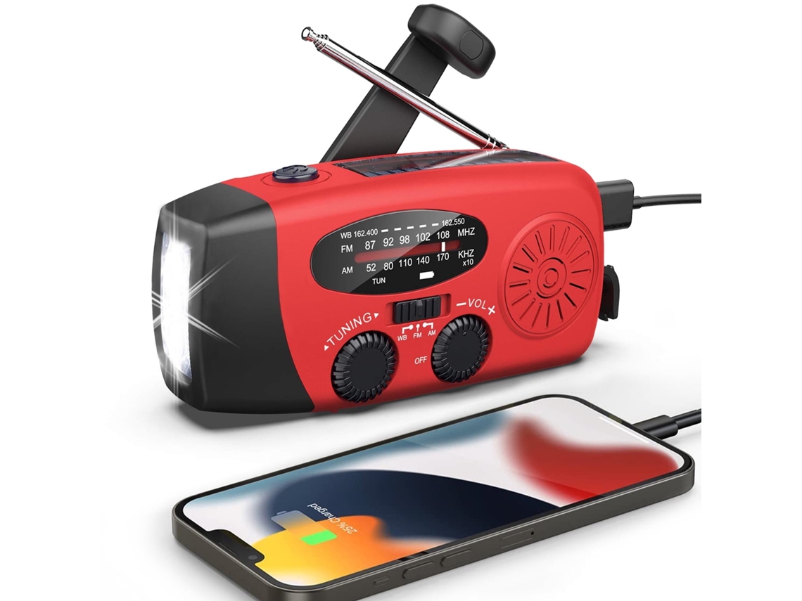 Rádio portátil AQUAFORGE de emergência com Energia Solar, 2000mah, AM/FM, Lanterna, Vermelho