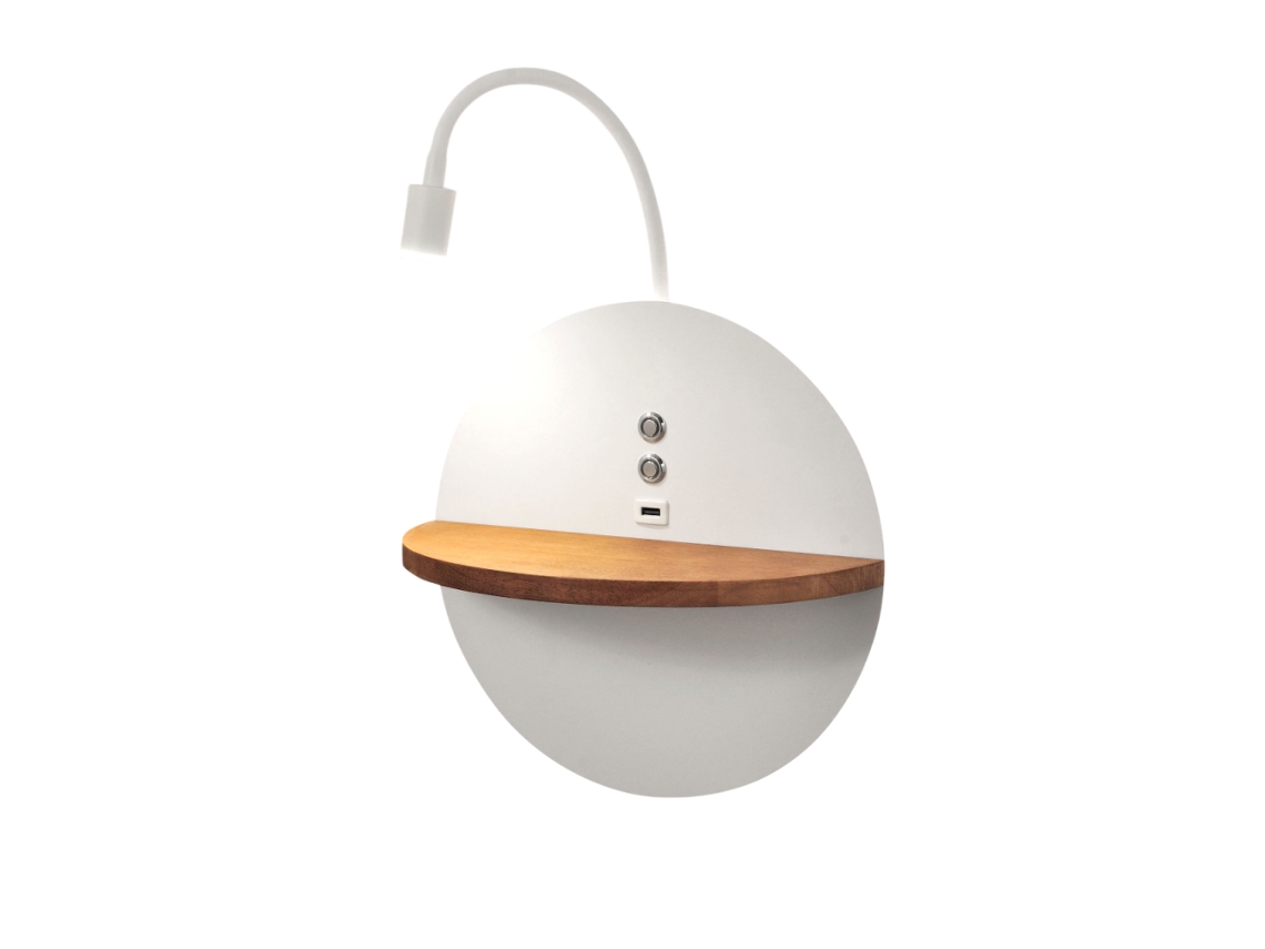 Dual Aplique De Parede Com Prateleira E Luz Led De 15w Fabas Luce Touch Dimmer Branco Mate Com Usb Integrado Em Madeira
