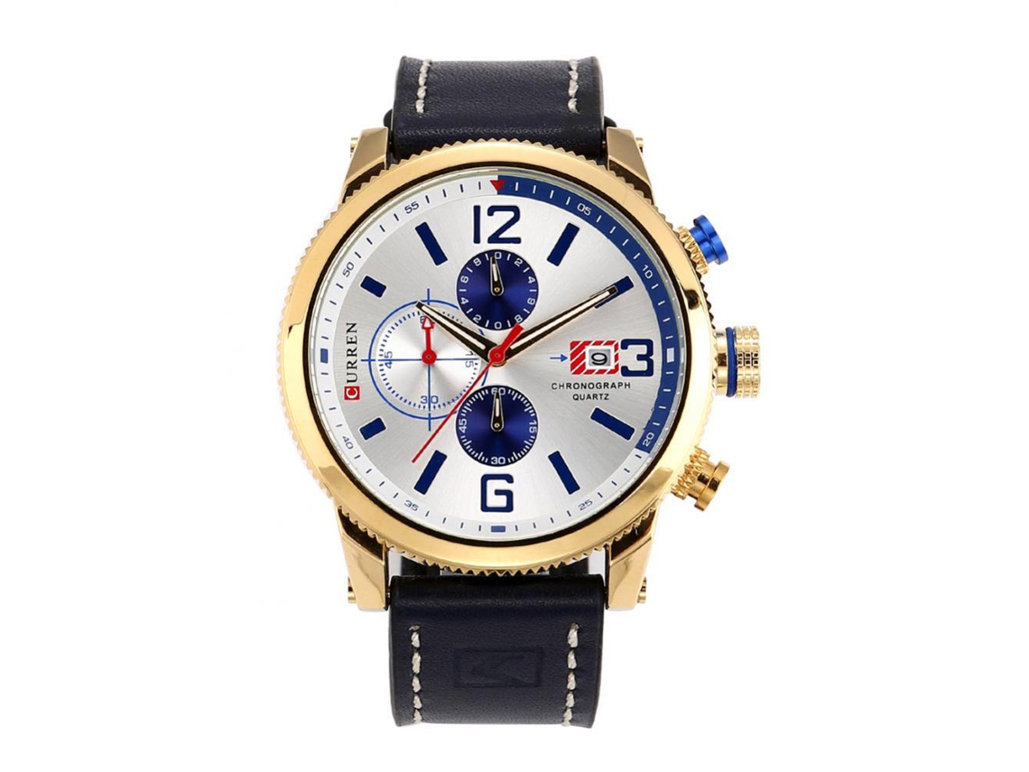 Relógio de pulso masculino com movimento de quartzo e pulseira de couro, resistente à água, dourado.