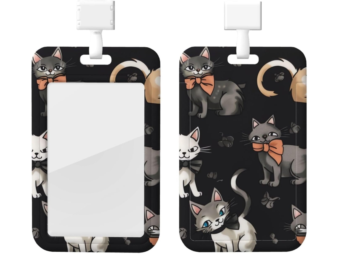 Porta-crachá com estampa de gato de desenho animado, com cordão, bolsa plástica impermeável para crachá e capa protetora.
