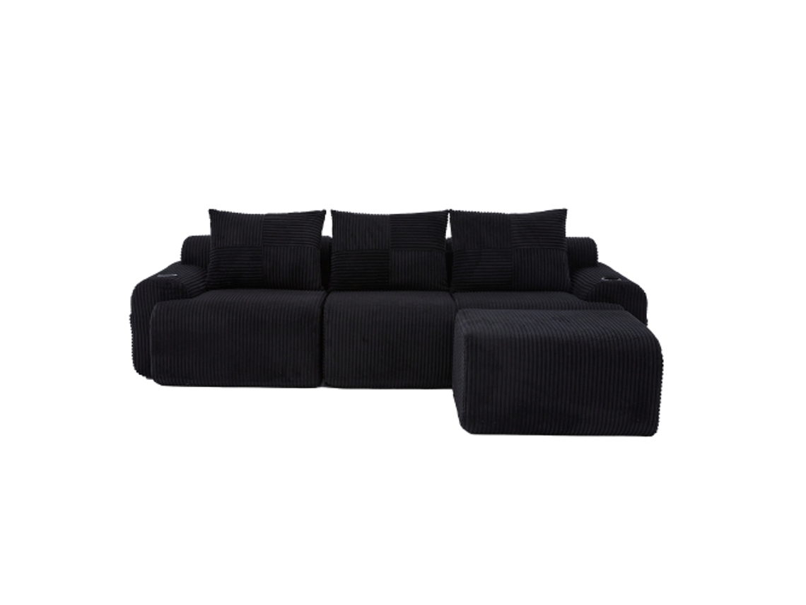 Sofá Modular Em Veludo Cotelê Para 3 Pessoas (com Pufes), Combinável Livremente, Incluindo Porta-copos E Bolso Lateral Para Armazenamento