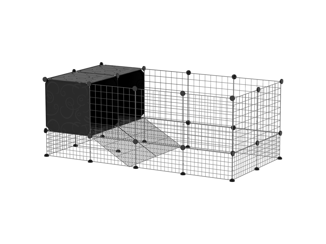 Recinto para Animais Pequenos. Gaiola Modular de Coelhos com 31 Painéis e Canis Elevados. Feito de Aço. 140x70x52cm. Preto Ge