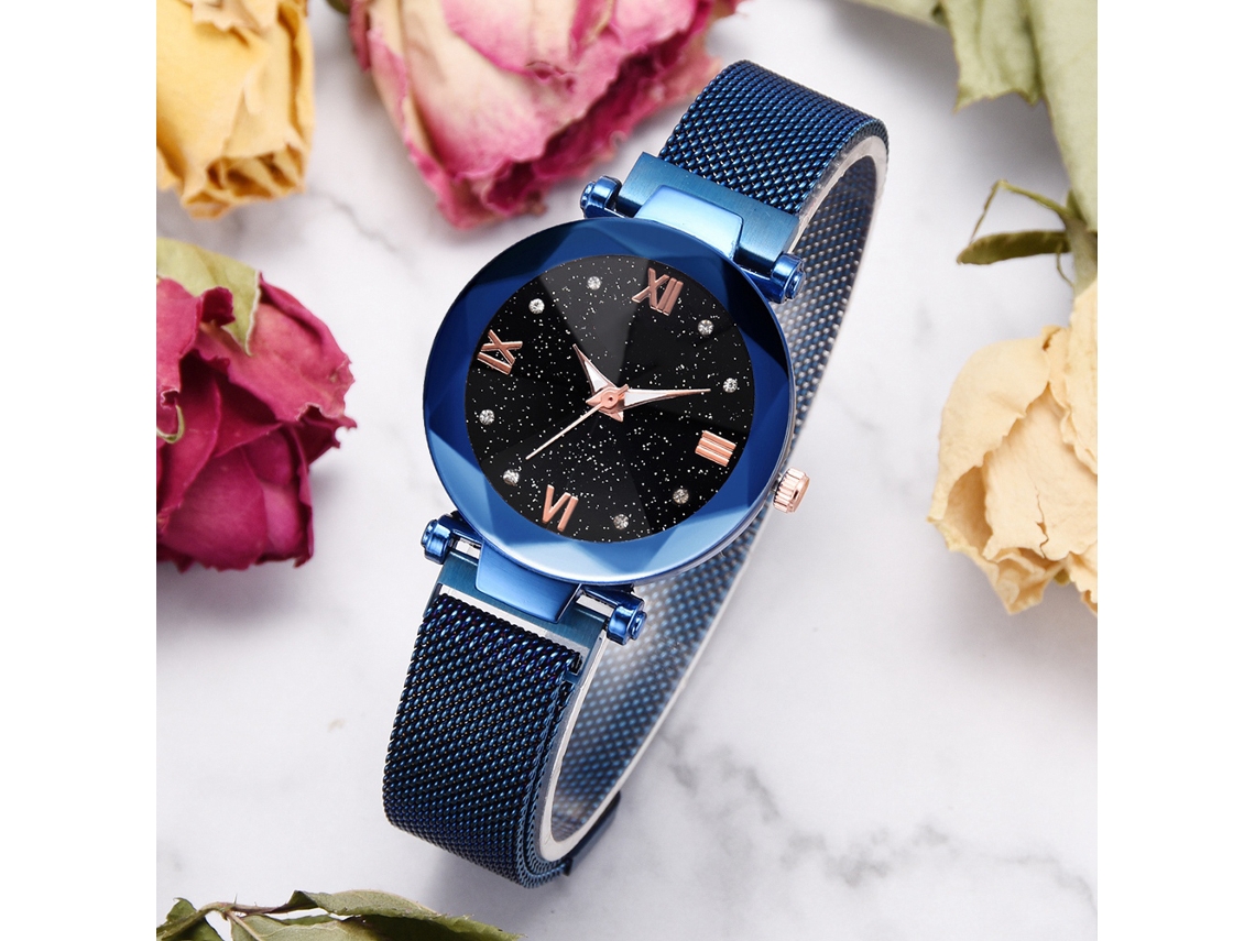 Relógio de Pulso Feminino de Quartzo Casual com Mostrador Estrelado Azul e Pulseira de Liga com Fivela Magnética