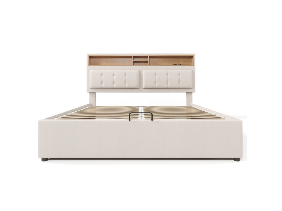 Cama de Casal Estofada PAPRIKA 140x200 com Usb c, cabeceira, Arrumação, estrutura em Linho, Estrado de Ripas, para Jovens
