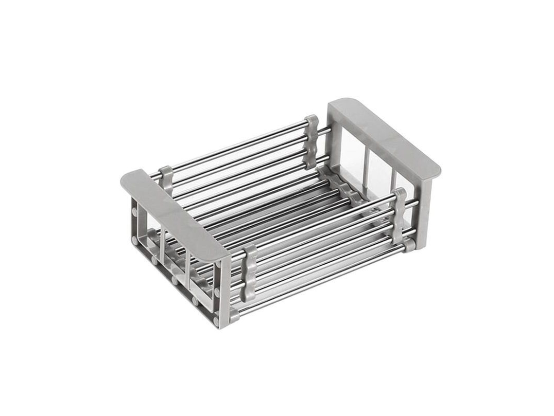 Rack De Drenagem Para Pia Retrátil Com Design De Corte Em Aço Inox E Abs Para Pratos, Frutas E Legumes Cinza