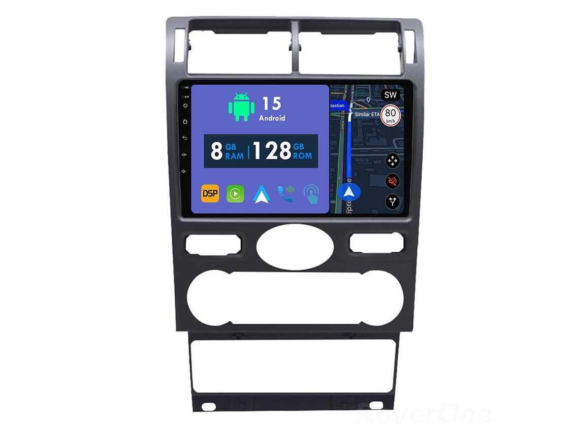 Auto Rádio Carro Bluetooth Autoradio 8GB RAM 128G ROM CarPlay Navegação GPS Ecrã Táctil RoverOne para Ford Mondeo Fusion 3 2000-2007  