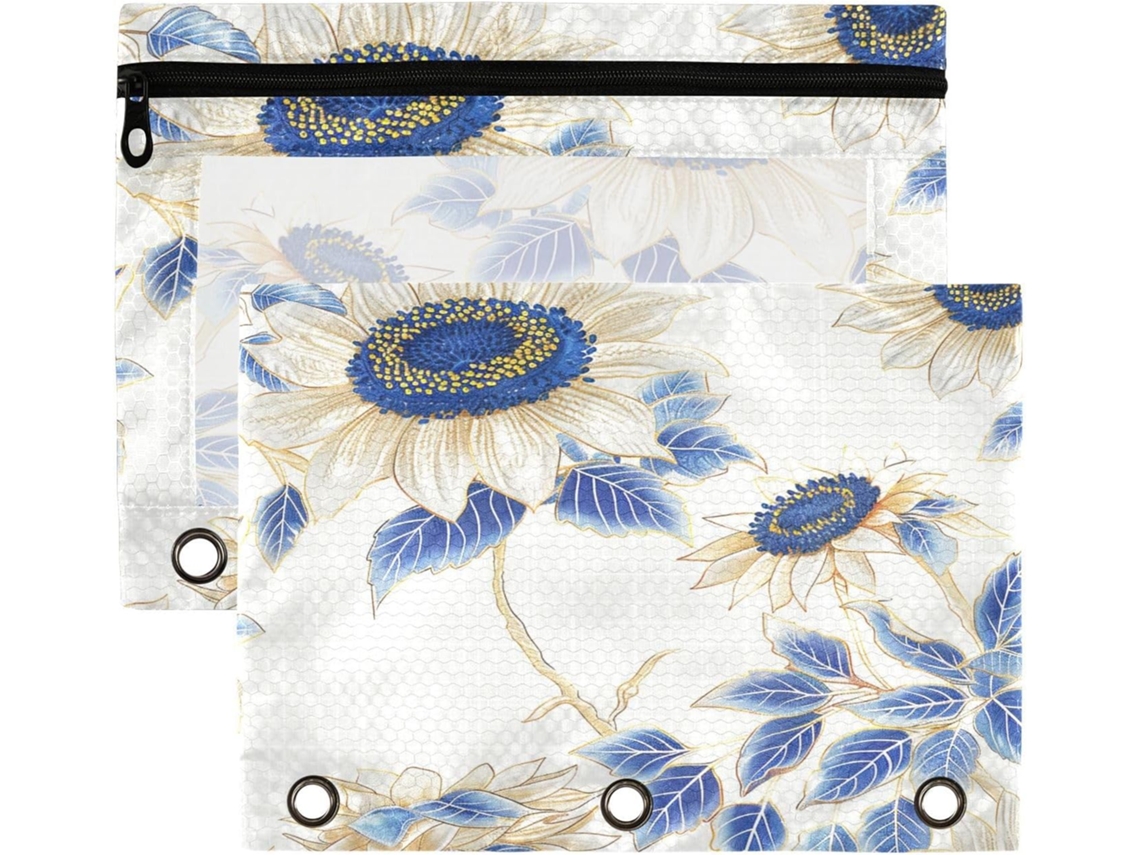 Organizador de massas com argolas e visor transparente, amplo espaço de armazenamento, elegante estampa de girassóis em azul e dourado, alta capacidade, 3 argolas.