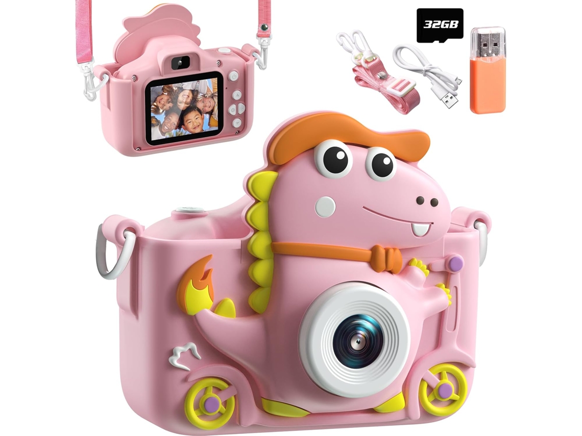 Câmera De Dinossauro, Câmera Infantil Com Tela De 2 Polegadas, 1080p, Câmera De Selfie Para Crianças Com 32 Gb Brilvibera (rosa)