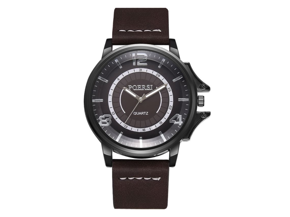 Reloj De Cuarzo Para Hombre Con Correa De Cuero Pu Estilo Casual De Negocios Dial Doble Círculo Marrón Oscuro