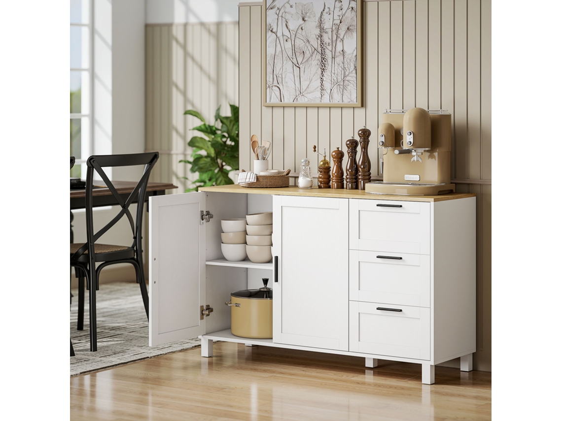 Aparador moderno para sala de estar com 2 portas, 3 gavetas e prateleira ajustável, ideal para sala de jantar e hall de entrada. Dimensões: 120 x 38 x 76 cm. Cor: Branco.