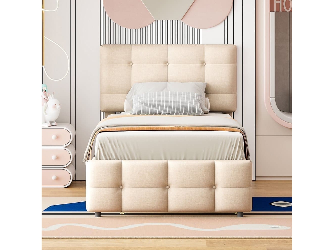 Cama Com Gavetão 90x200cm - Cabeceira Regulável - Tecido De Linho - Bege