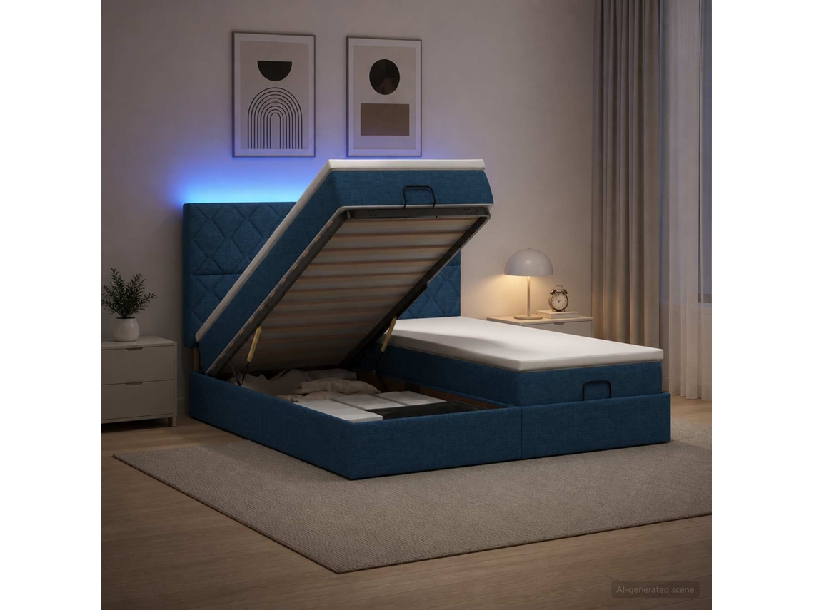 Vidaxl Cama Ottoman Com Colchão E Led Azul 200 X 200 Cm Tecido