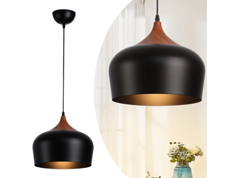Candeeiro Suspenso Moderno 35 Cm Tambor De Madeira E Cúpula Industrial, E27, Ideal Para Ilha De Cozinha, Sala, Bar Ou Corredor Alpinaluz