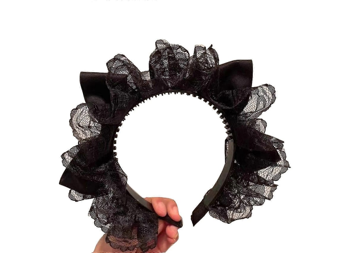 Faixa De Cabelo Com Laço Duplo E Renda Plissada Para Festas E Cosplayblack