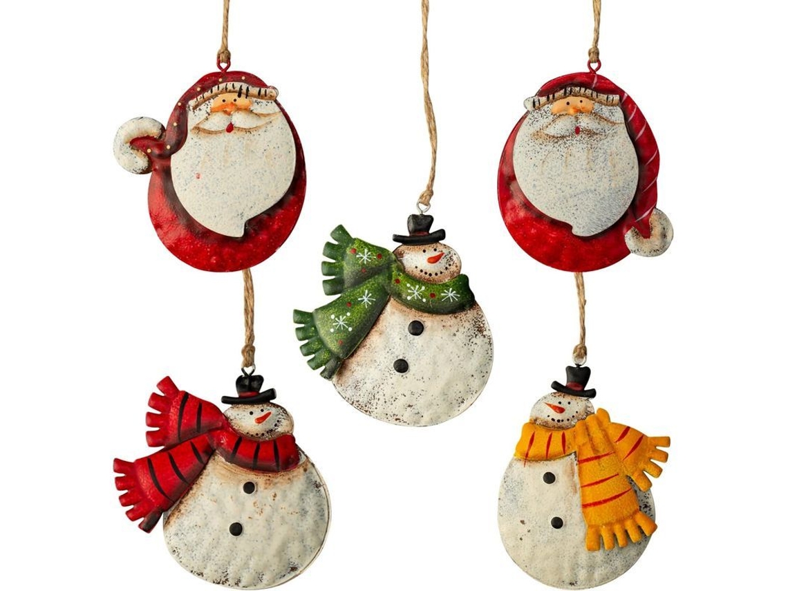5 ornamentos de Natal de metal rústico, com duas faces, Papai Noel, boneco de neve, decorativos penduráveis S/MARCA