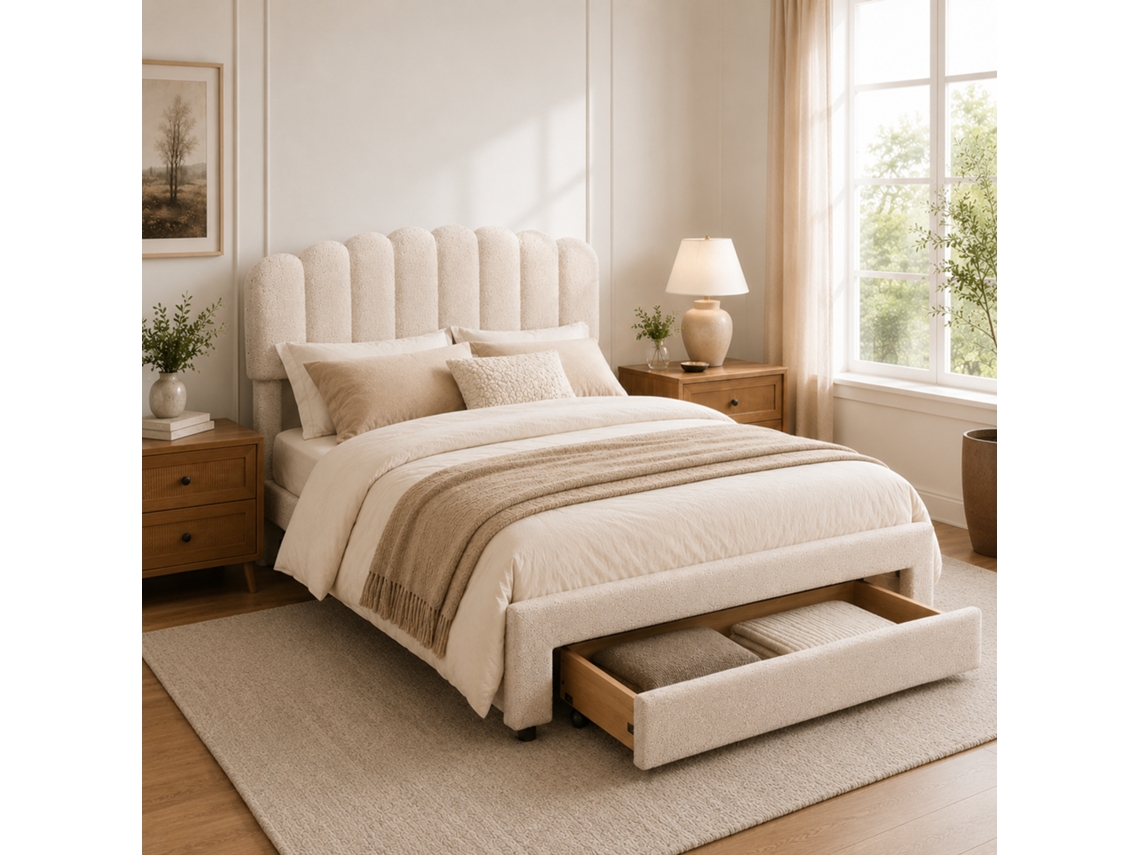 Cama De Casal 140x200 Com 1 Gaveta E Porta Usb, Cama Acolchoada Com Cabeceira, Cama Com Estrutura Metálica E Baú, Veludo Teddy, Sem Colchão