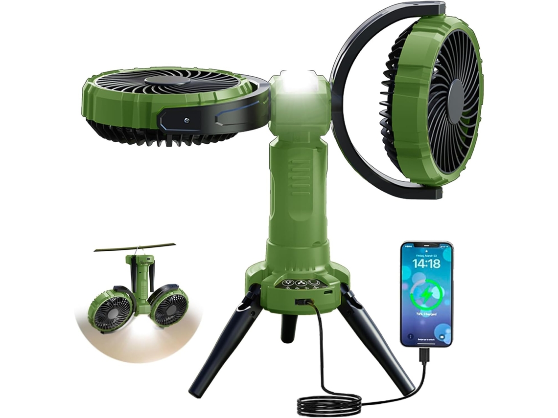 Ventilador De Camping De 8000-10000mah Com Luz, Oscilante De 270° E, 8000, 10000mah, 270°, 360°, Verde, Oscilante, Giratório, Recarregável