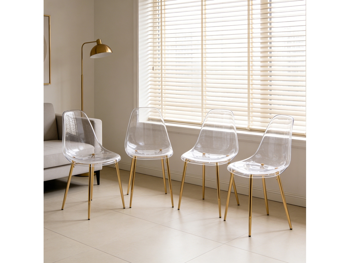 Conjunto 4 Cadeiras Colher Acrílico Pet Transparente Pés Dourado