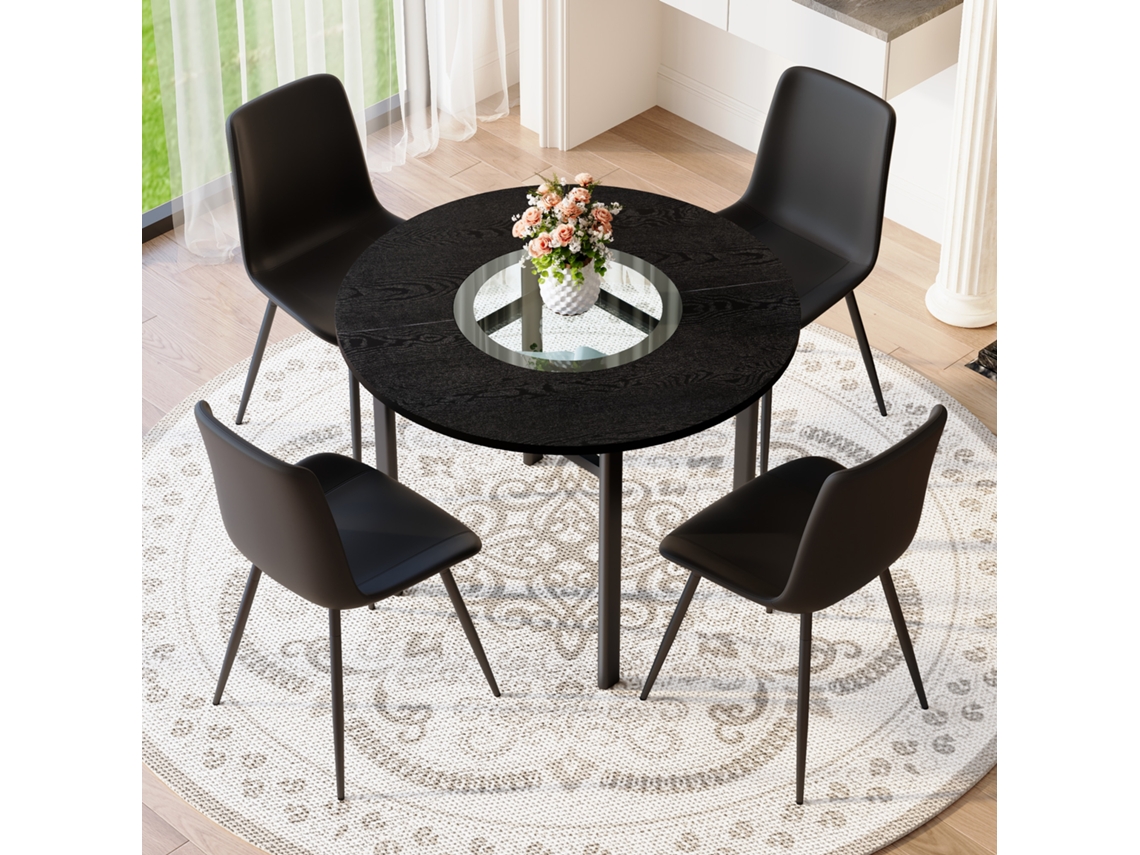 Conjunto Mesa Redonda Madeira Preta 100cm 4 Cadeiras Braços Pu Preto Assento Largo