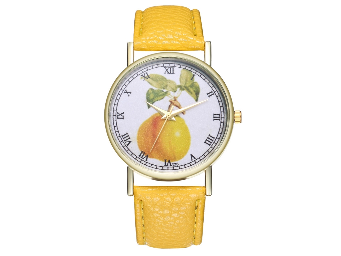 Relógio de quartzo com pulseira de couro PU, mostrador moderno com estampa de frutas, unissex amarelo