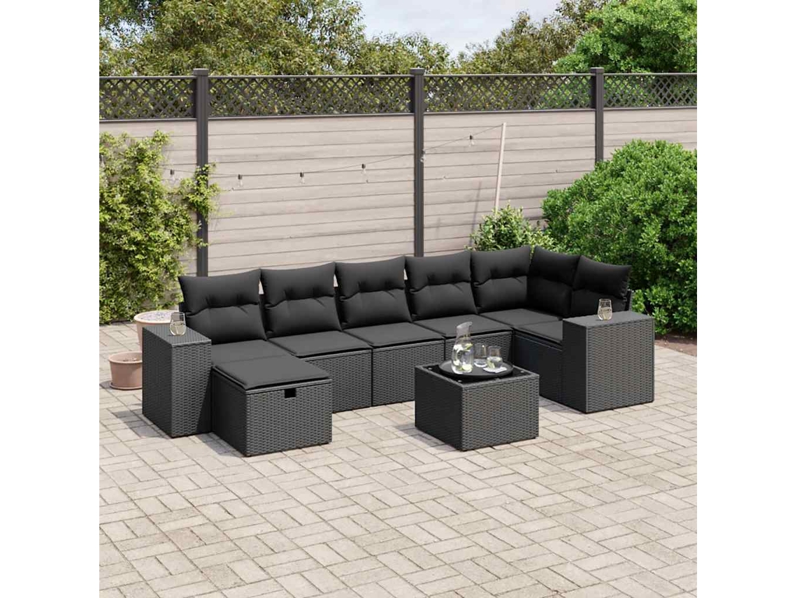 Vidaxl 8 Pcs Conjunto Sofás De Jardim Com Almofadões Vime Pe Preto