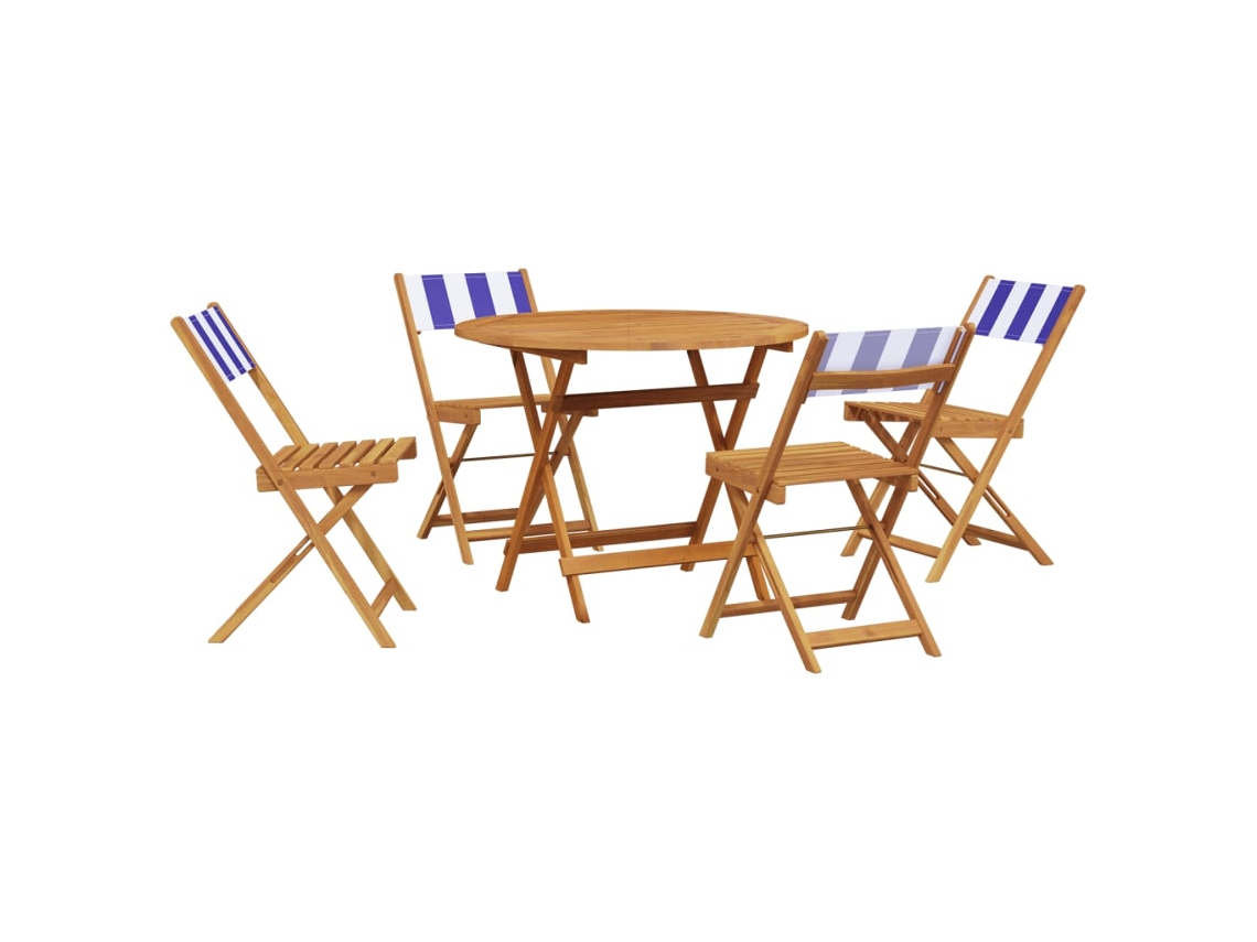 Conjunto 5 jantar p/ jardim tecido/VIDAXL madeira maciça azul e branco