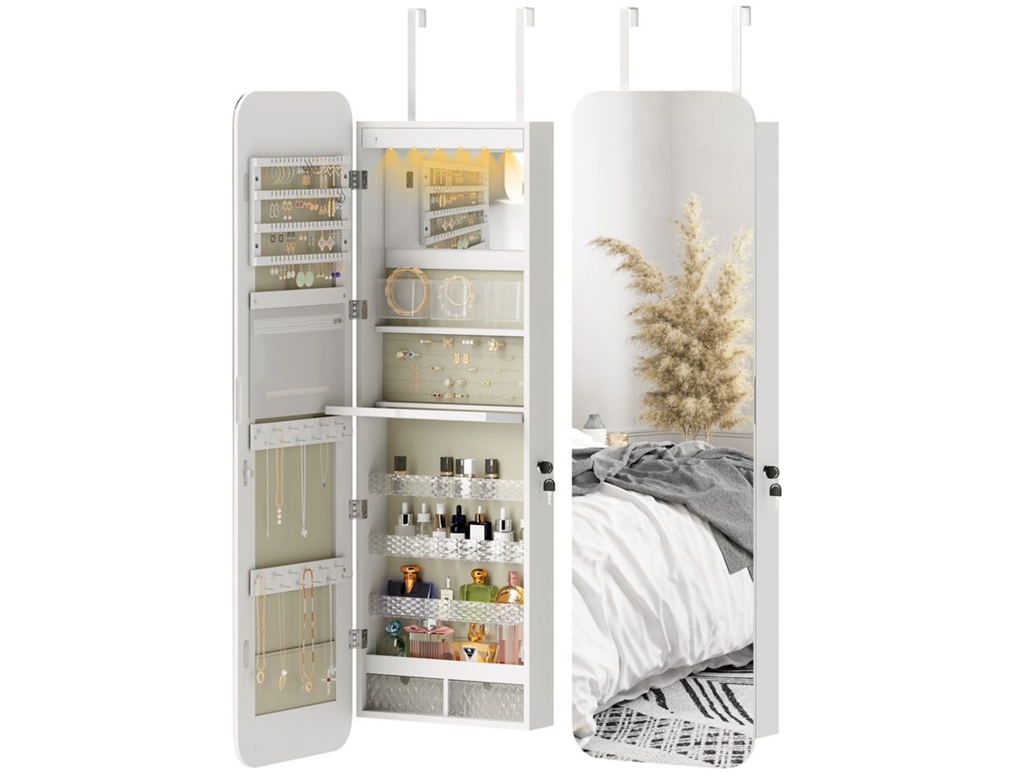 Espelho Para Joias Com Luz Led Montado Na Parede Ou Na Porta Com Fechadura De Corpo Inteiro 2 Gavetas Branco