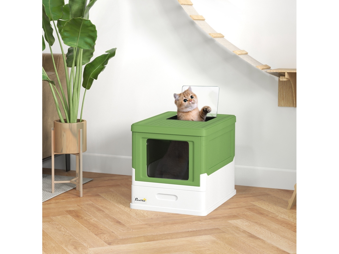 Caixa De Areia Fechada Dobrável Pp 47,5x35,5x36,7 Cm Verde Claro Com Colher, Bandeja Removível E 2 Portas