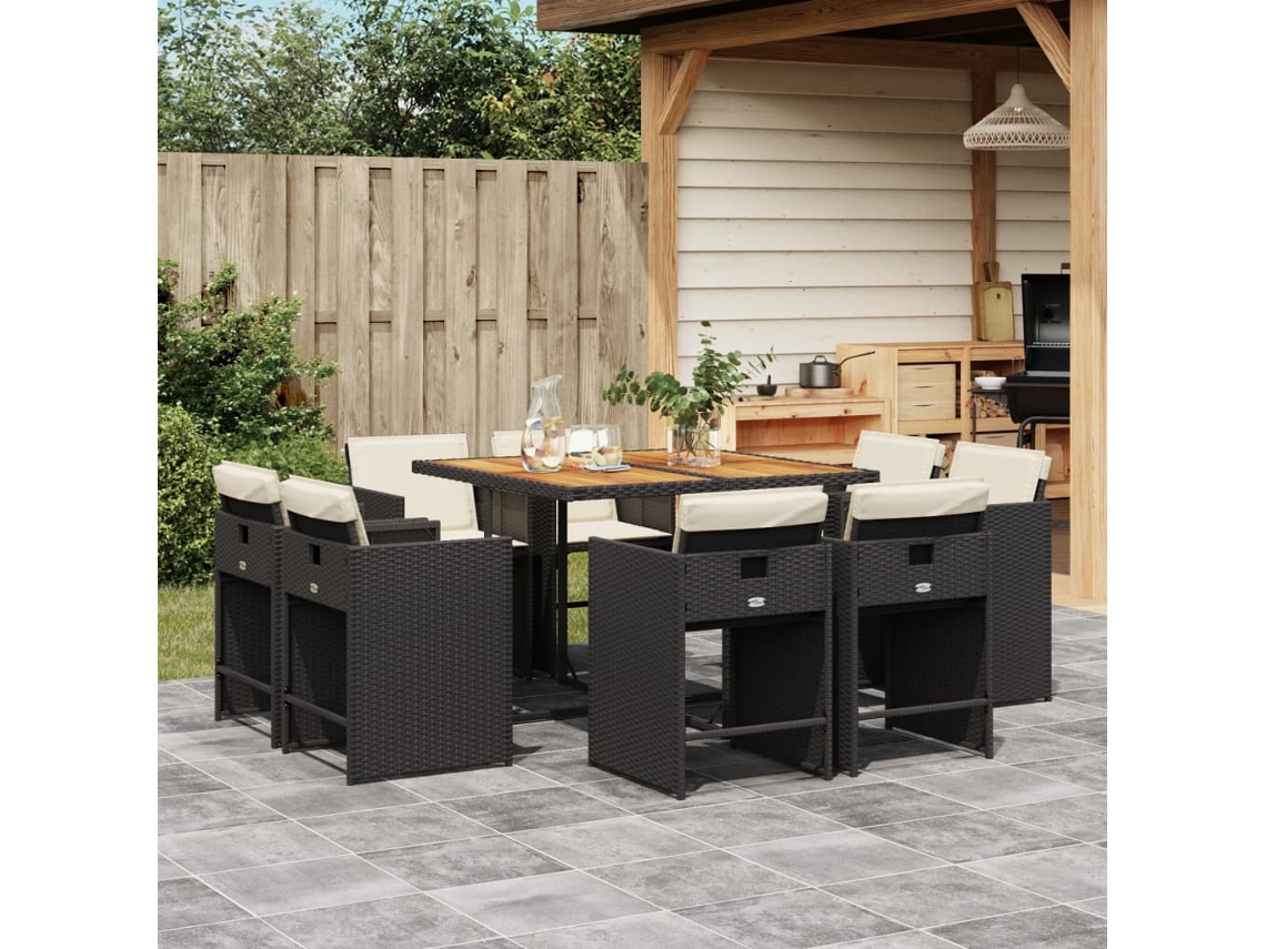 Vidaxl 9 Pcs Conjunto De Jantar P/ Jardim C/ Almofadões Vime Pe Preto