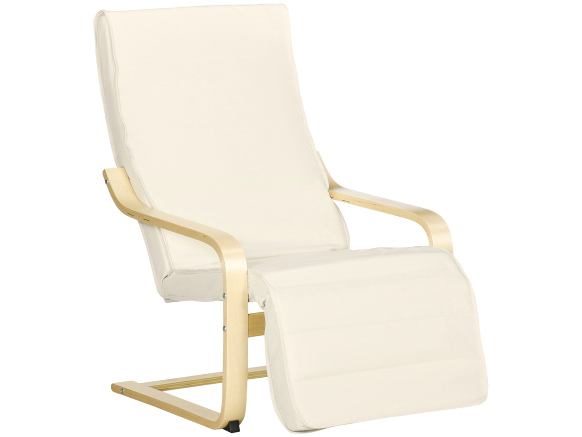 Poltrona Relaxante Com Apoio Para Os Pés E Cabeça Em 5 Níveis, Madeira De Bétula E Tecido, 66,5 X 94 X 100 Cm, Creme.