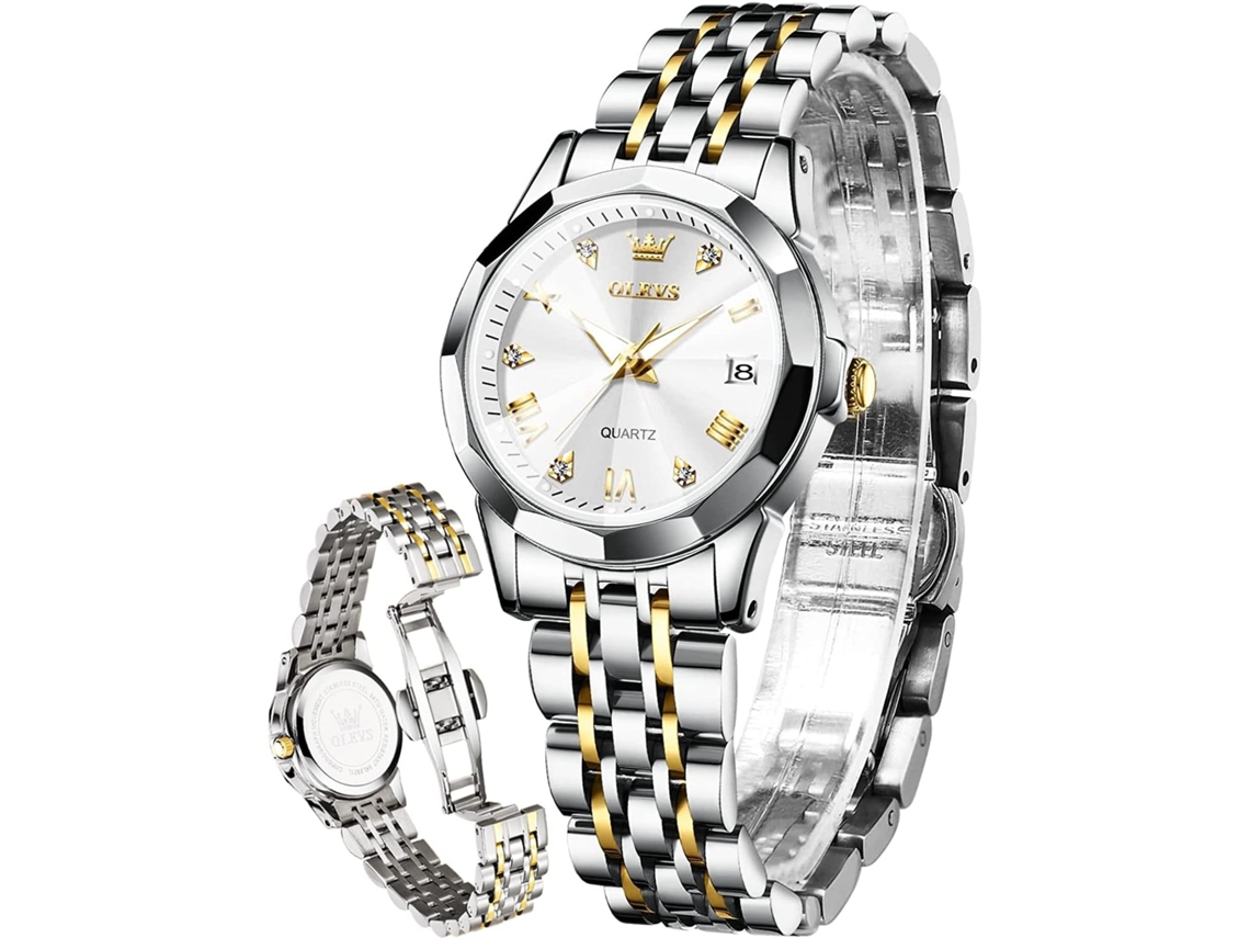 Lurelia Relógio Feminino, Movimento De Quartzo, Data/calendário, Detalhes Com Strass, Aço Inoxidável, Branco, Dourado