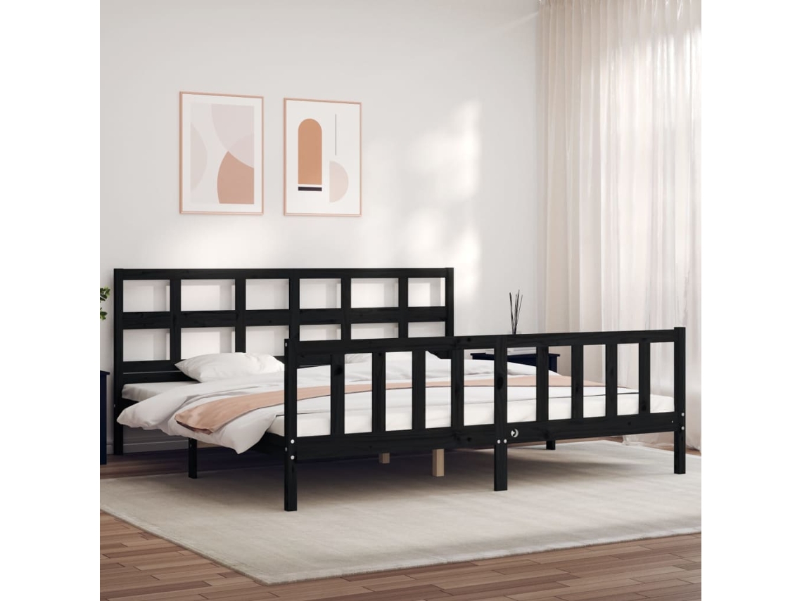 Vidaxl Estrutura De Cama Com Cabeceira 200x200 Cm Madeira Maciça Preto