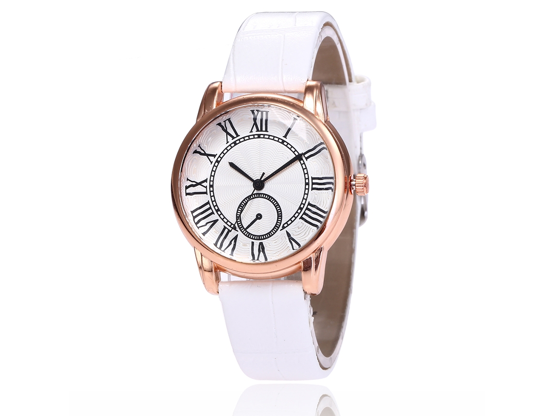 Relógio feminino de quartzo com pulseira de couro PU, mostrador com numerais romanos, estilo executivo (branco)
