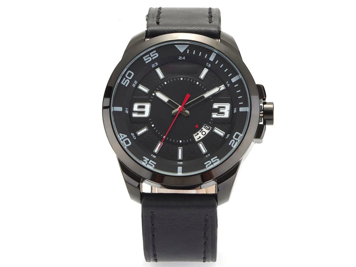 Reloj De Pulsera De Aleación Con Cuero, Dial Redondo, Analógico, Cuarzo, Unisex, Negro