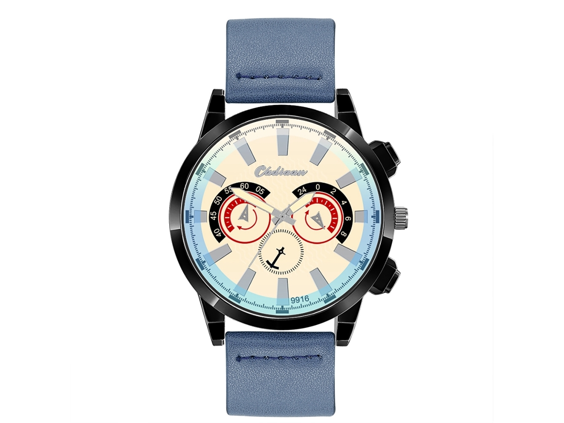 Relógio de pulso masculino elegante em couro PU azul hematita