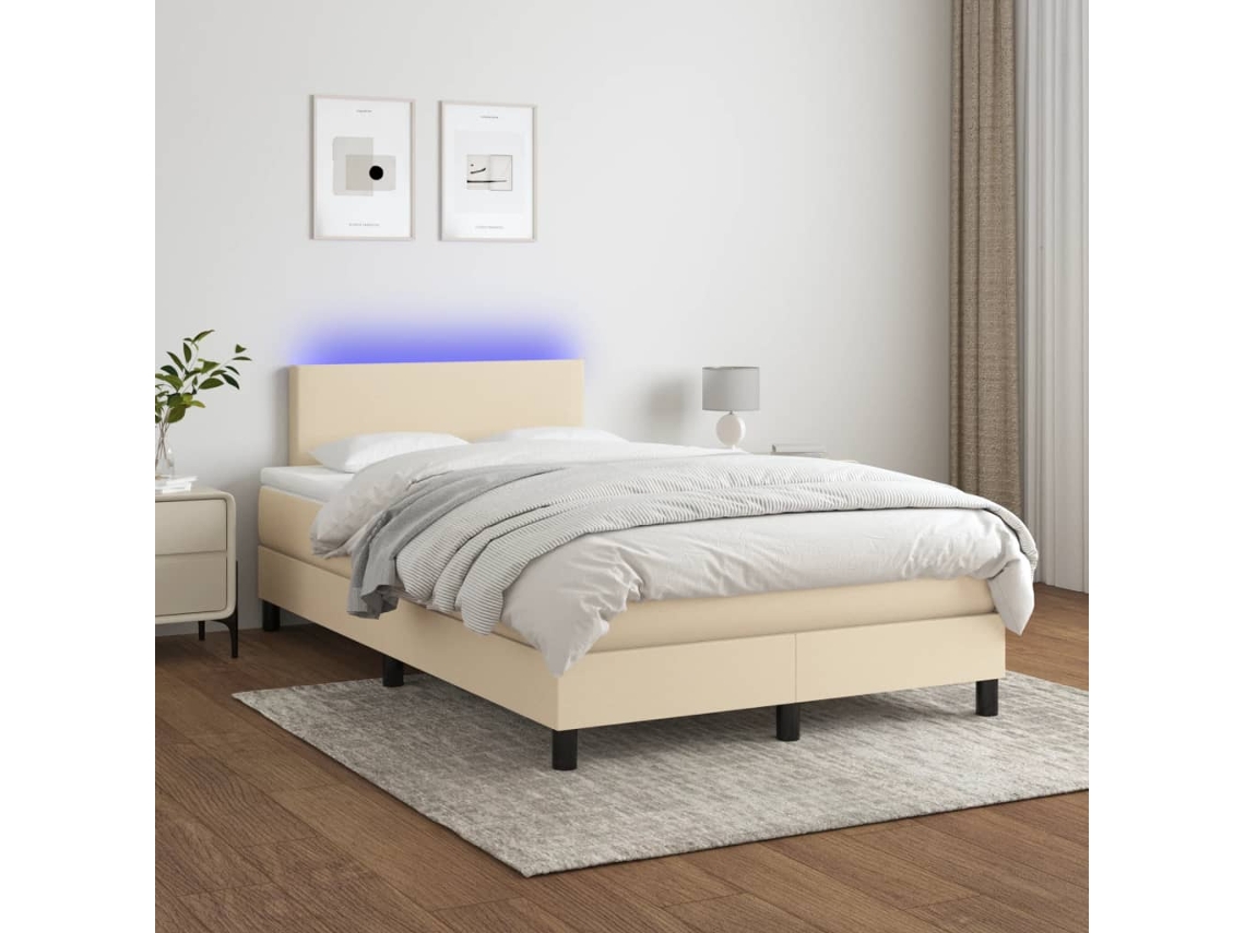 Vidaxl Cama Box Spring C/ Colchão E Led 120x200 Cm Tecido Cor Creme